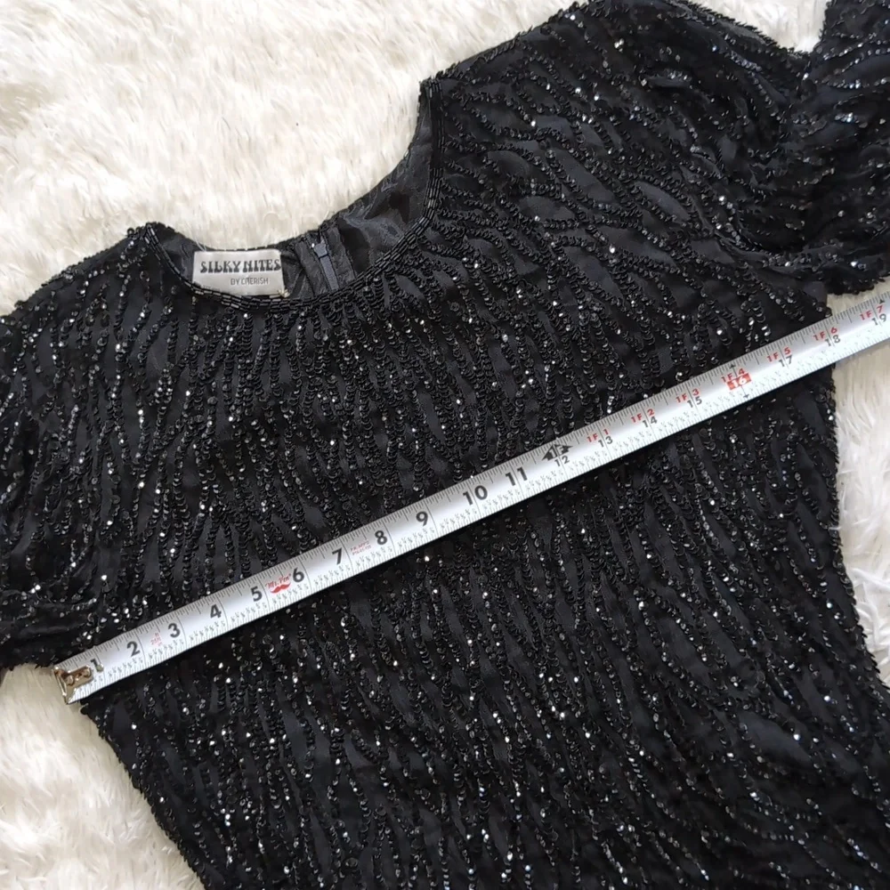 80s Vintage Silky Nites by Cherish Black Sequin & Beaded Cocktail Dress - Picture 12 of 15